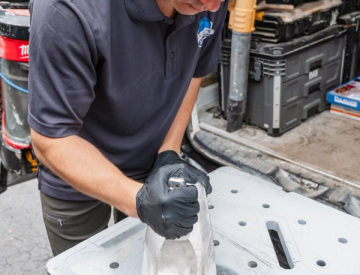 A member of the Daniel's Home Improvement team applying concrete or plaster to a surface, preparing materials for construction or renovation.