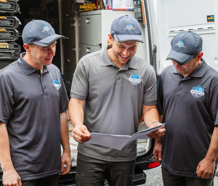 The Daniel's Home Improvement team engaged in a planning session, examining documents to ensure project success.